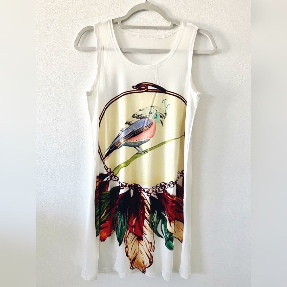 NWT SLEEVELESS CASUAL T-SHIRT A-LINE MINI DRESSES BIRD PRINT CREWNECK BEACH TANK
